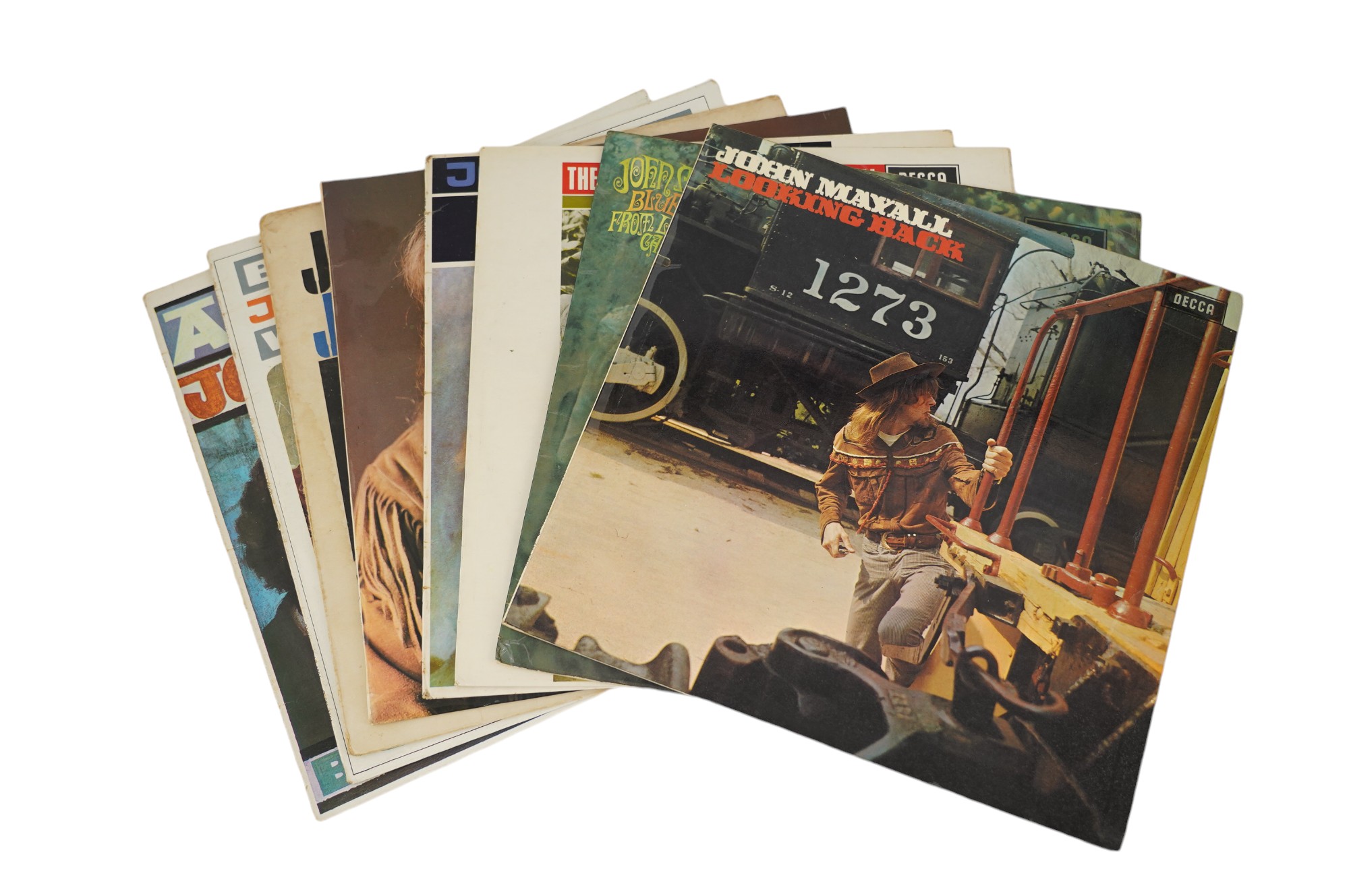 Eight John Mayall LP record albums; Looking Back, Blues from Laurie Canyon, The Diary of a Band, The Blues Alone, The World of John Mayall, Jazz Blues Fusion, Blues Breakers, A Hard Road. Condition - fair